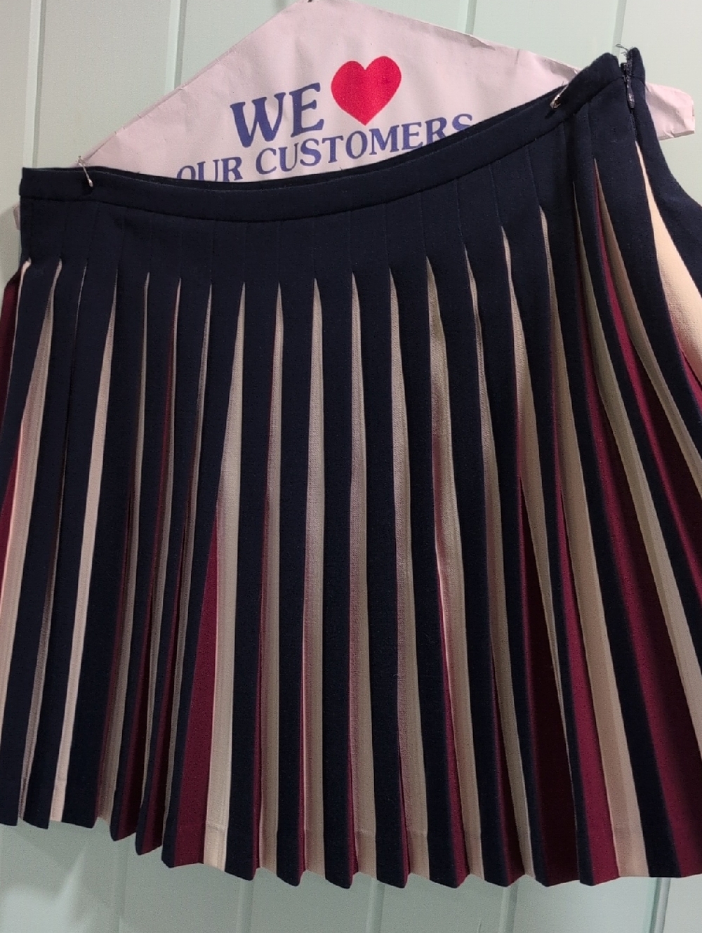 Tommy Hilfiger Navy Pleated Mini Skirt with Burgundy & Cream Stripes, Like New
